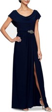 Alex Evenings Women's Petite Long Cowl Neck A-Line Dress, Navy, 14P
