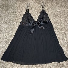 Victoria's Secret Black Satin Lace Trim Lingerie Slip Dress Chemise Babydoll L