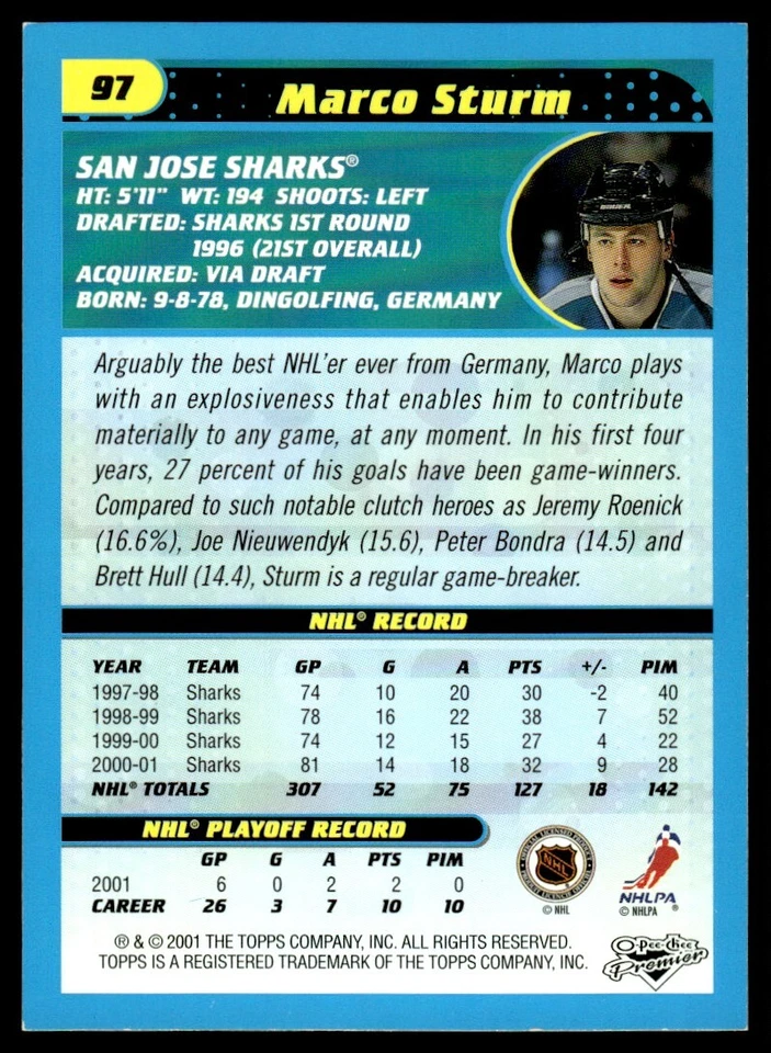 2001-02 O PEE CHEE PREMIER Marco Sturm San Jose Sharks #97 - Image 2 of 2