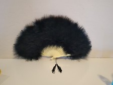 Vtg Black Feather Hand Fan Ivory Color Celluloid Handle
