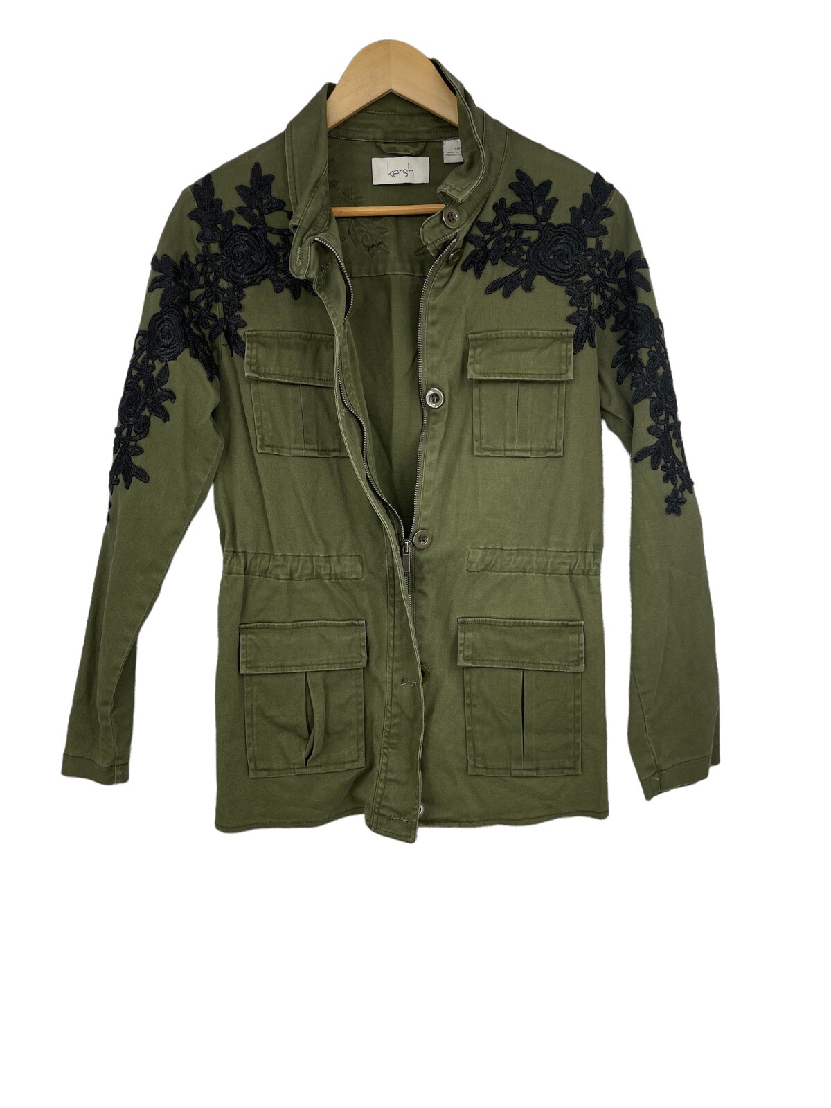 Kersh Olive green black lace appliqué fall utility ja… Gem