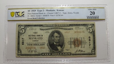 #ad $5 1929 Mankato Kansas KS National Currency Bank Note Bill Ch. #6817 VF20 PCGS $359.99