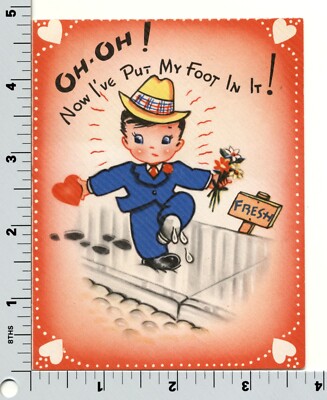 Vintage Valentine - Boy Steps in Cement Gives His Heart - Doubl Glo P6700 3