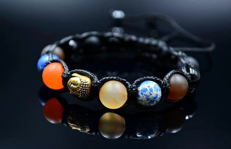 Pulsera de cuentas de piedras preciosas Buda para hombre ágata ónix hematita macramé regalo para hombre Foto 3 de 4