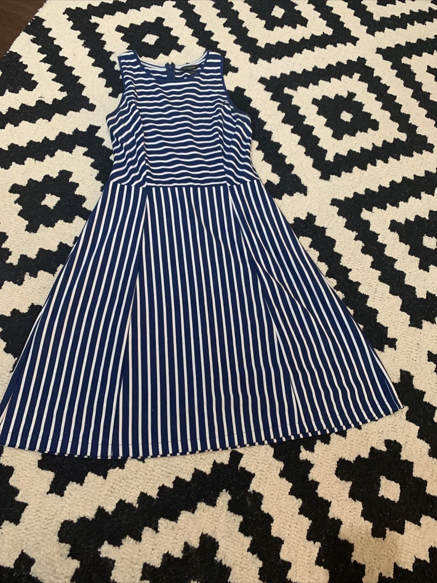 banana republic stretch blue white stripe 6 dress MIDI sleeveless a line