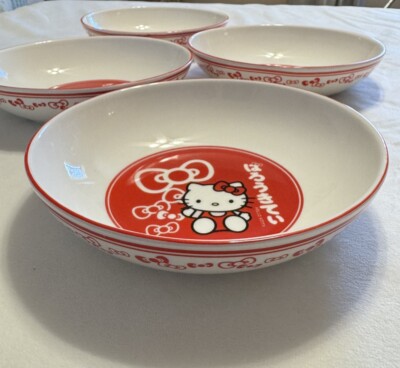 Hello Kitty San Rio 9'' Ceramic Pasta Bowl Red & White Bows Set Of 4 NEW