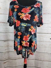 J For Justify Black Hawaiian Floral Top Size 1X Sheer Blouse Short Sleeve 