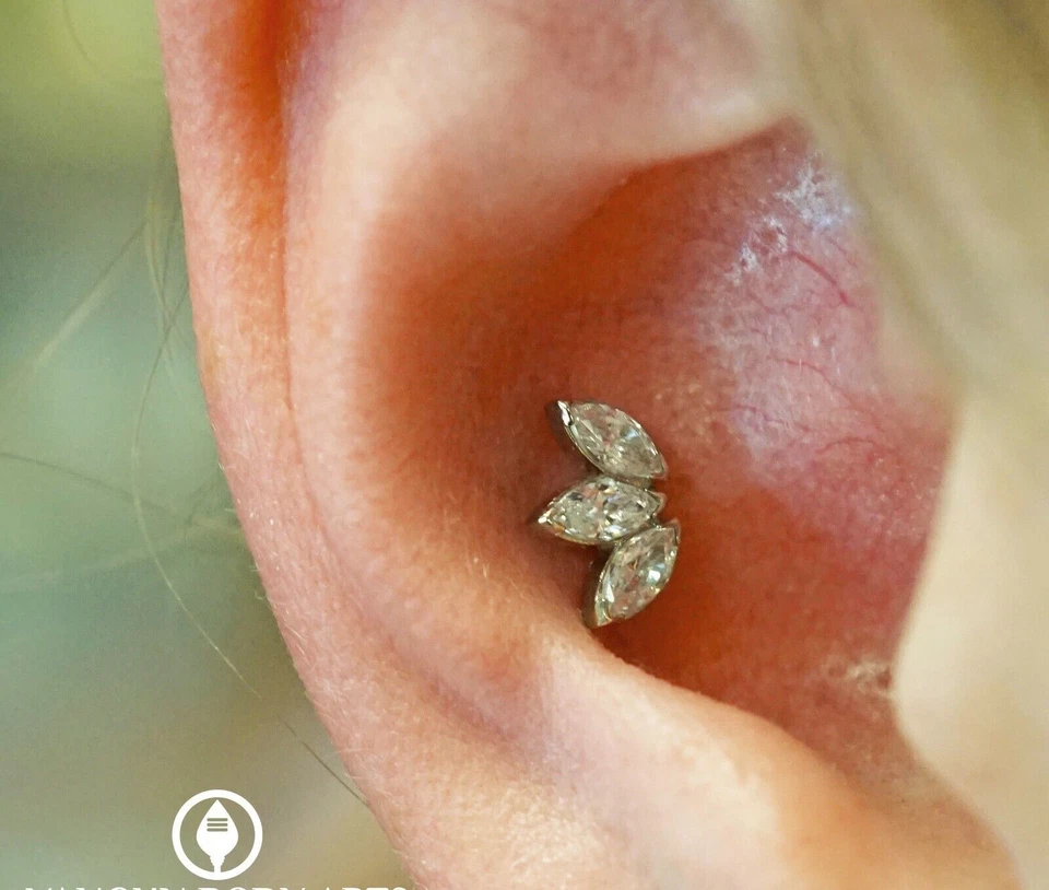 16G 1/4" TITANIUM INTERNALLY THREADED 3 MARQUISE CZ TRAGUS EAR Flat back Earring