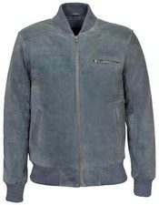 Men 100% Pure Suede Gray Flight Bomber Jacket Retro Baseball Varsity Style Coat