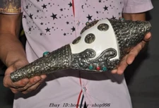 12"Collect Old Nepal Tibet Silver Auspicious Eight treasures Conch Shell Trumpet