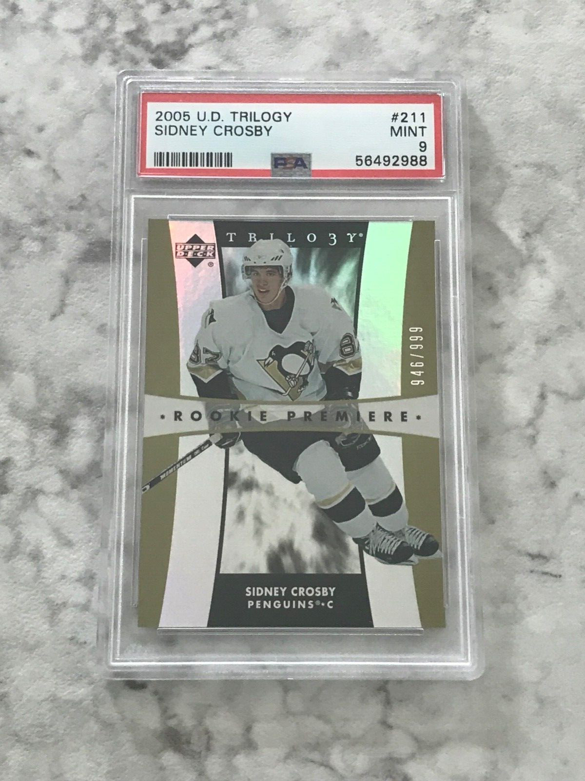 2005/06 UD TRILOGY ROOKIE PREMIERE SIDNEY CROSBY RC 946/999 CARD # 211 PSA 9