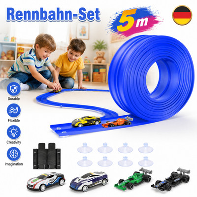 Flexible Rennstrecke 5M Doppelbahn Rennbahn Set mit 4 Spielzeugautos Kinder