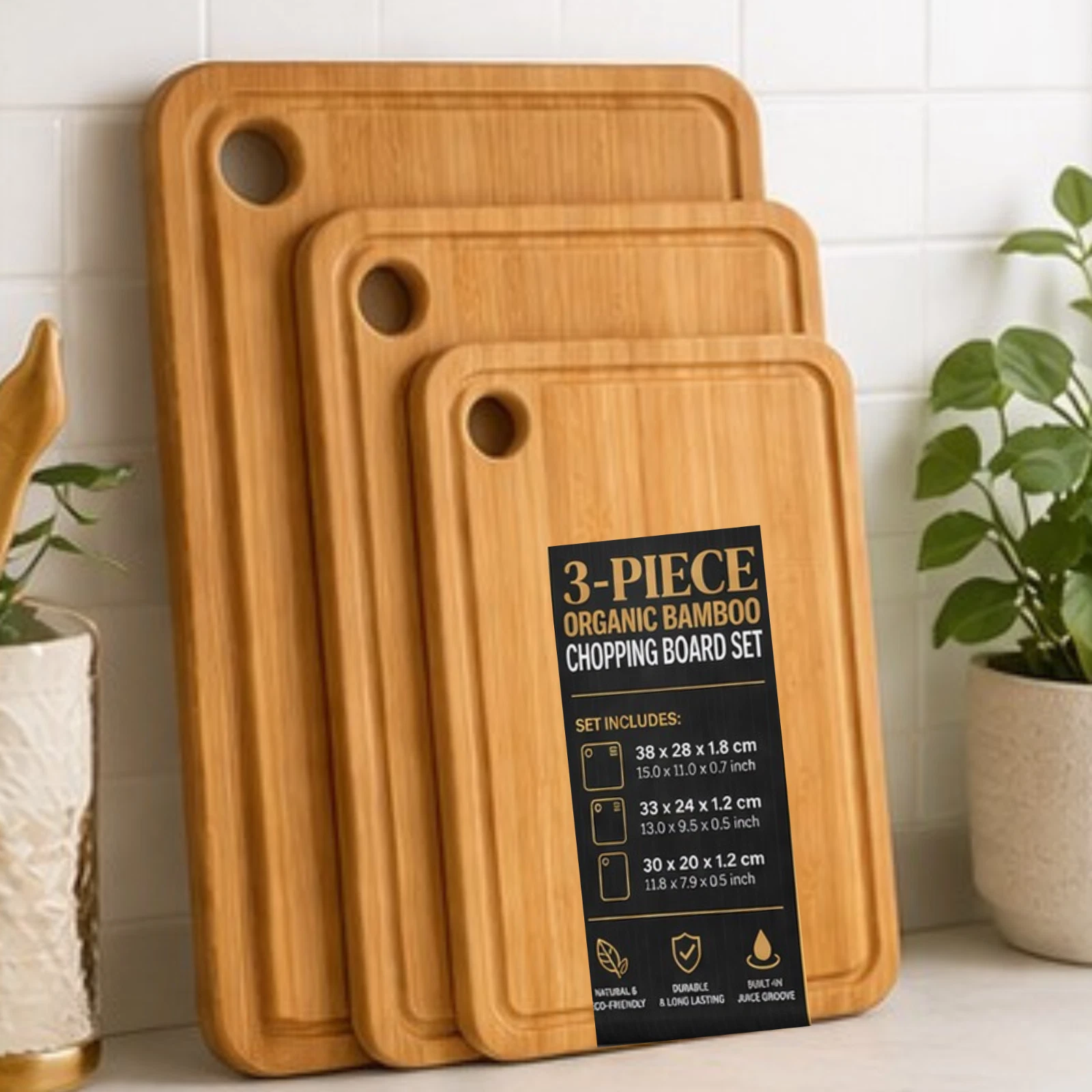 Big Bamboo Chopping Board Set 3pc Pre-Oiled Kitchen Cutting Boards+ Hanging Hole
Opens in a new wind