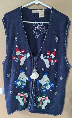 Vintage Bobbie Brooks Christmas Sweater Vest XL Navy Zip Knit Snowmen Ugly Tacky