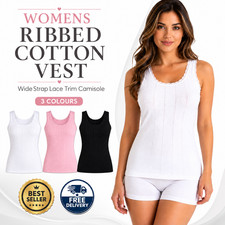 Womens Ladies Ribbed Cotton Vest Wide Strappy Stretchy Lace Comfort Singlets UK