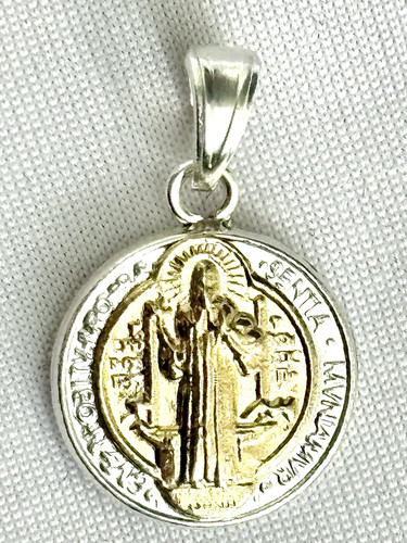 Heiliger Benedikt Medaille Anhänger Silber 925 und Gold 10k - 17 mm Durchmesser - Bild 1 von 6