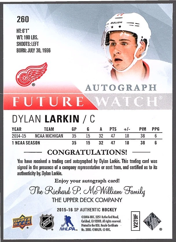 DYLAN LARKIN 2015-16 Upper Deck SP Authentic Future Watch Auto #/999 Detroit RC - Image 2 of 2