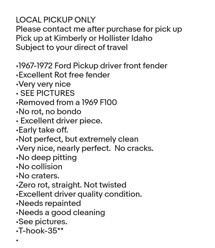 1967 - 1972 年福特皮卡挡泥板司机侧 F100 F250 卡车仅本地提货 — 第 2/4 张图片