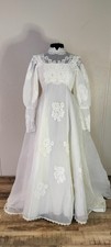 ILGWU Union Made 1970s Victorian White Lace Wedding Dress Long Sleeve Size 10