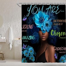 African American Inspirational Shower Curtain, Bible Verse and Blue Butterfly