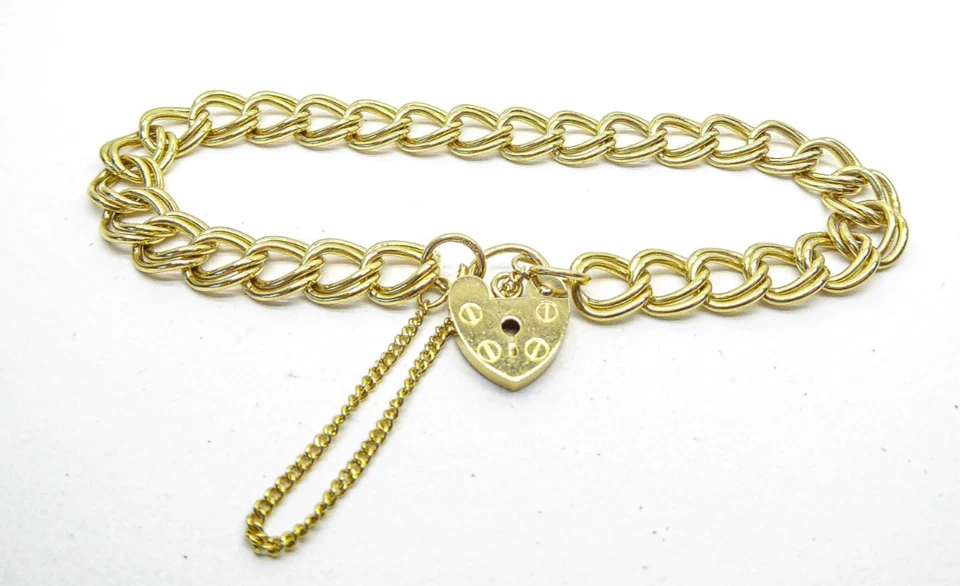 9 kt Gold Bettelarmband Doppel Panzer Vorhängeschloss gepunzt 7 3/4" 12,6 Gramm Geschenkbox