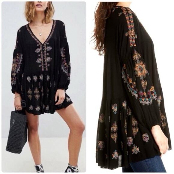 Free People Arianna Tunic Top Embroidered, Brown, Small, Boho, Loose Fit