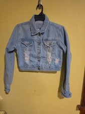 Rue21 Juniors Size Medium Ripped Cropped Jean Light Denim Jacket 100 Cotton
