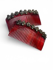 Vintage Silver Hair Combs Flowers PAIR Tortoise Bakelite Cognac Comb