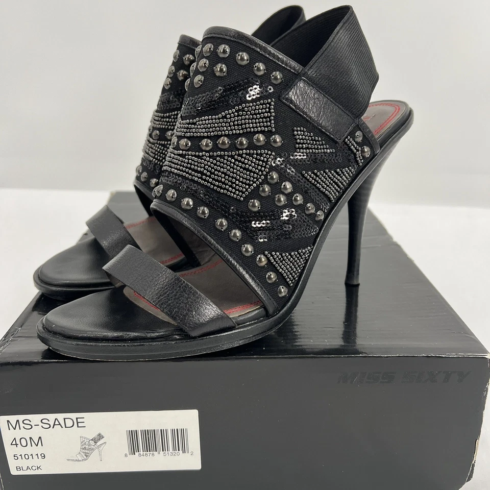 MISS SIXTY Y2K SADE SANDALIAS DE TACÓN CON CUENTAS NEGRAS TALLA 40M US 10 Foto 2 de 4