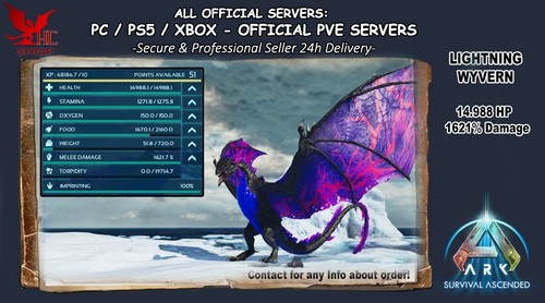 ARK Survival Ascended PC/PS5/XBOX PVE LIGHTNING WYVERN ⚡TOP STATS 14k HP 1621 DM - Picture 2 of 2