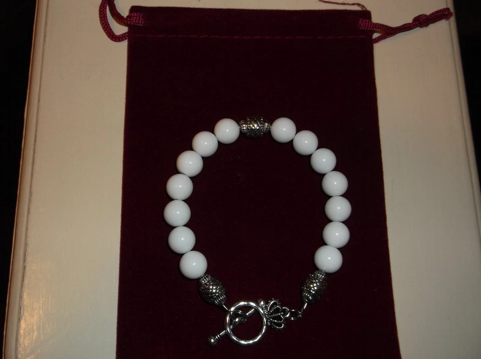 PULSERA HOMBRE/MUJER HECHA A MANO 8 1/2" 10 MM CUENTAS ÁGATA BLANCA  Foto 4 de 4