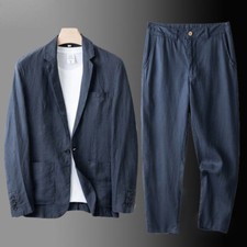 2 Pc Set Men One Button Suit Cotton Linen Causal Blazer Pants Coat Jacket Summer