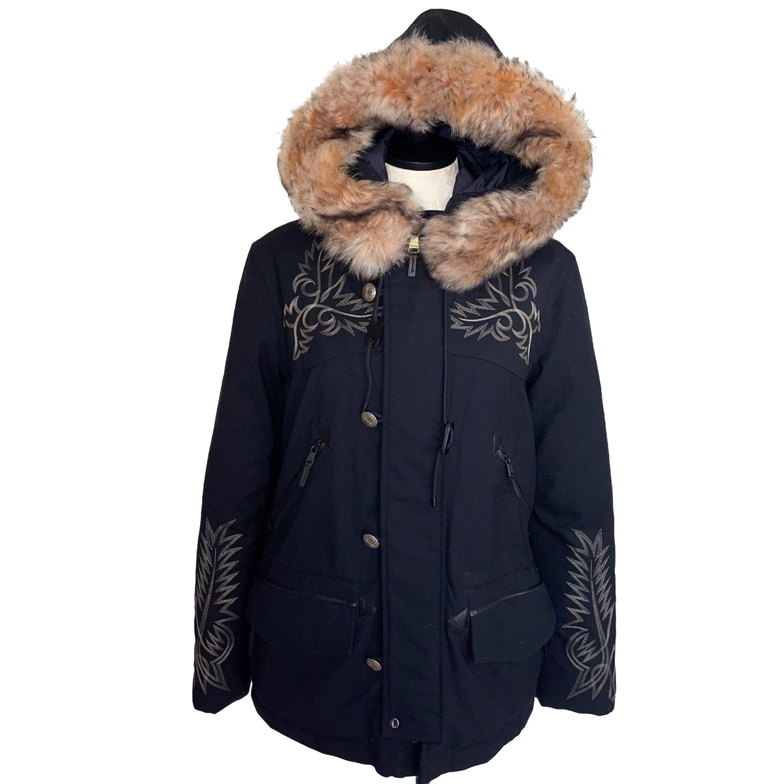 Ralph Lauren RLX Ski Coat Black Down Wool Womens Medium Southwestern Embroidered