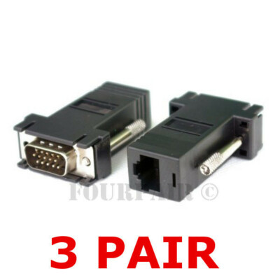 3 Pair (6 pcs) VGA SVGA to RJ45 Video Extender Adapters HD15 to CAT5e CAT6 100'