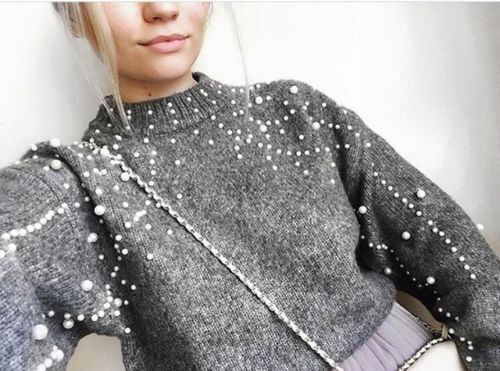 Pull Court Zara Gris Perles FW18 Taille M - Neuf Sans étiquettes, Style Jumper Perlé