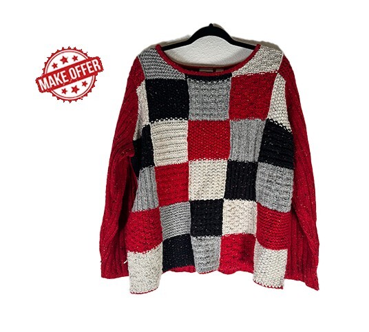 Unique Chunky Knit Checkered Patchwork Winter Chr… - image 1