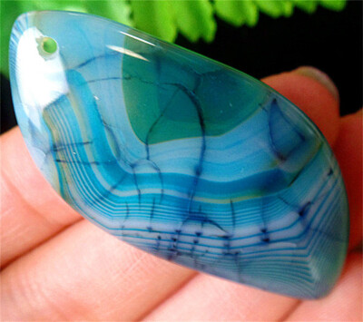 52x25x6mm Blue&Black Dragon Veins Agate Leaf Shape Healing Pendant Bead BQ63075