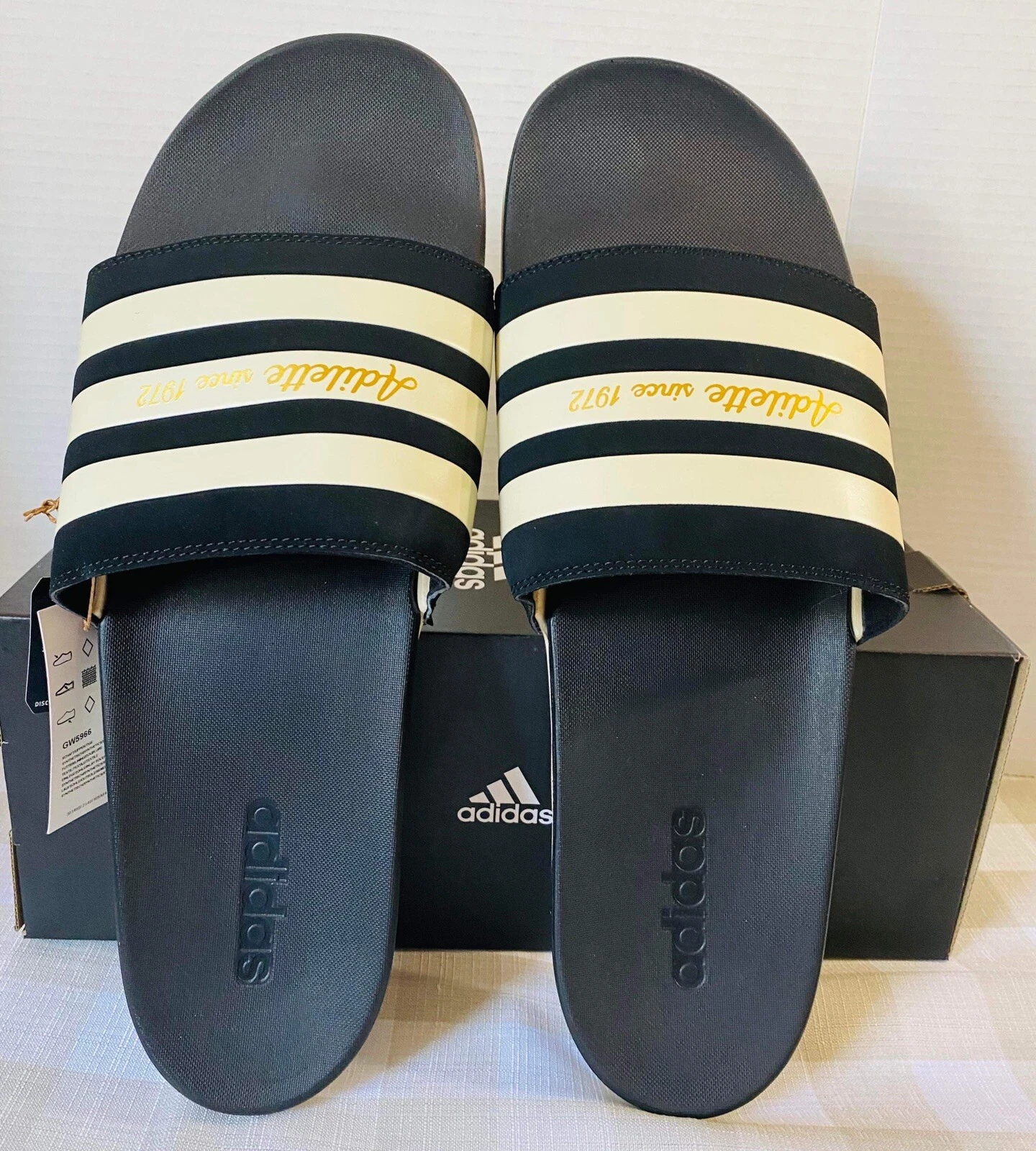 Sandali Adidas Adilette Comfort uomo nero bianco oro con lettere slide taglia 18 nuovi