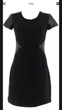 Halston VIP Stretch Ponte Knit Leather Black Dress 14P A296755 Cap Sleeve Knee