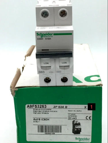 Schneider A9F53263 Acti 9 iC60H MCB Mini Circuit Breaker 2P 63A 10kA Curve B