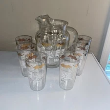Vintage 1960’s Anchor Hocking Colonial Days Pitcher And 6 Glasses