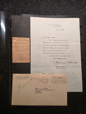 White House Letter Mrs. Roosevelt   1933   Secretary Signed (Not Authenticate