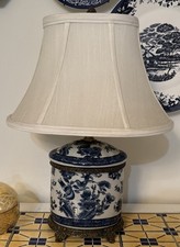Blue and White Ceramic Ginger Jar Table Lamp with Cherub Cartouche Motif — listing 4