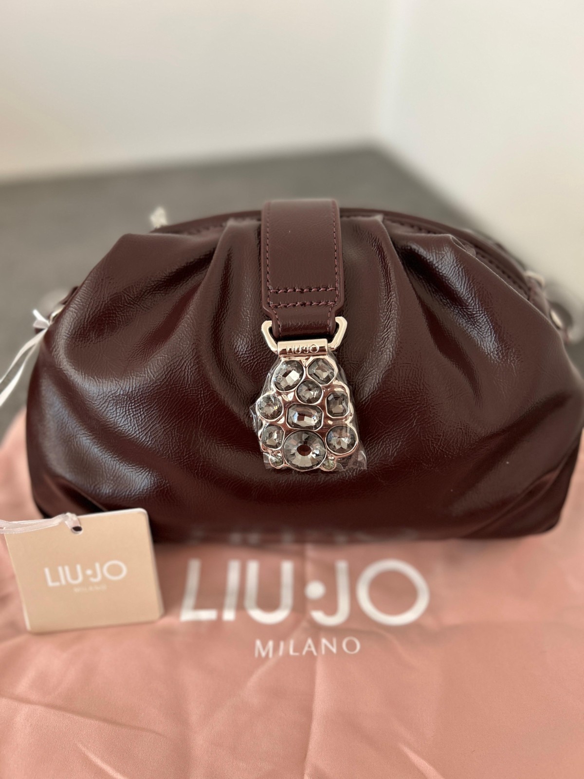 borsa donna liu jo, pochette di colore bordeaux con dettagli gioiello - Nuova