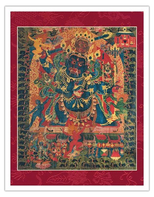 Four-Faced Mahakala - Protector Deity - Vintage Tibetan Buddhist Painting c.1300