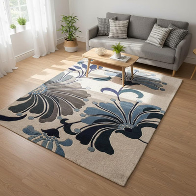 Tanoraè Hand-Tufted Wool Rug   Cream & Blue Floral Motif   Custom Luxury Carpet