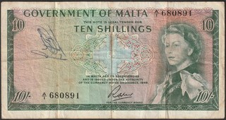 Malta Banknote Queen Elizabeth II Ten Shillings 8 July 1963