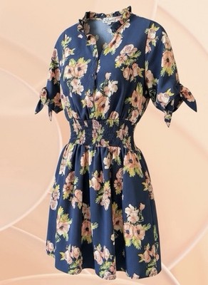 J for Justify Women's Blue Floral Button Front Ruffle Neck - Tie Sleeve Dress S