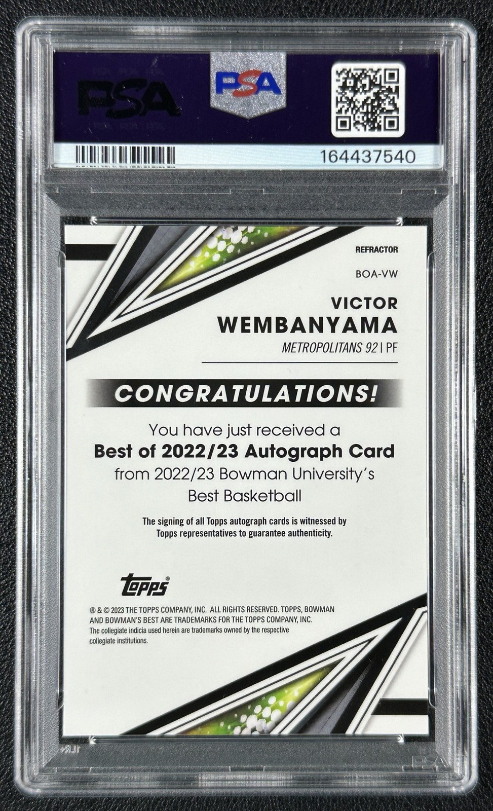 VICTOR WEMBANYAMA PSA 8 2022 BOWMAN UNIVERSITY U BEST OF 2022 AUTO REFRACTOR RC view 2