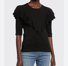 Veronica Beard Jeans Black Solid Knit Ruffle Round Neck 3/4 Sleeve Top Size M